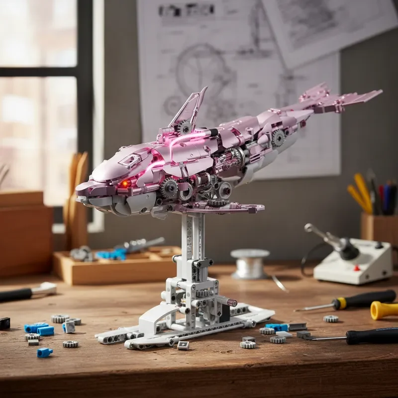

Mechanical Pink Dolphin Building Blocks 888pcs Technical Ocean Animal Model Gear Linkage With Light MOC Bricks Desktop Ornament