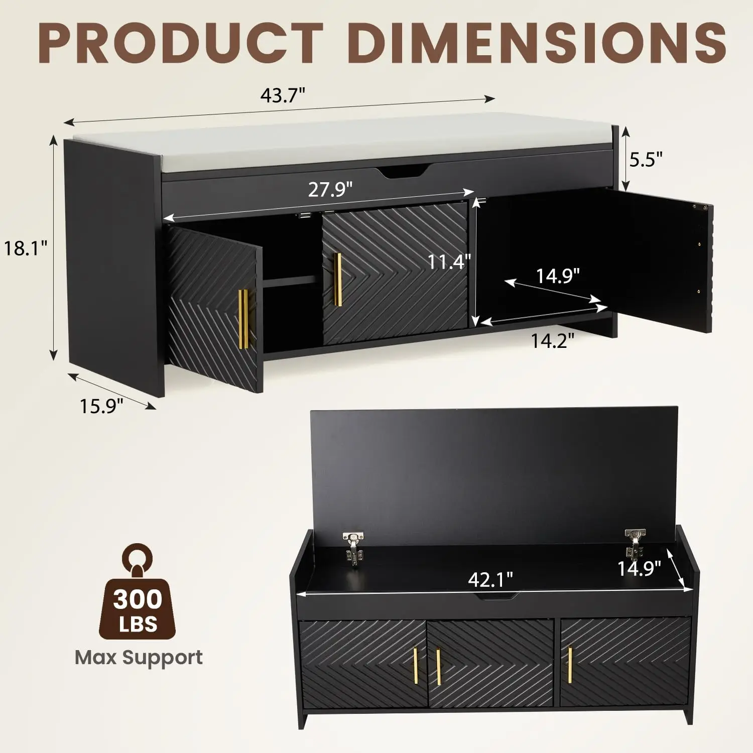 Lift Top Shoe Bench Storage Cabinet With Seat Cushion 44