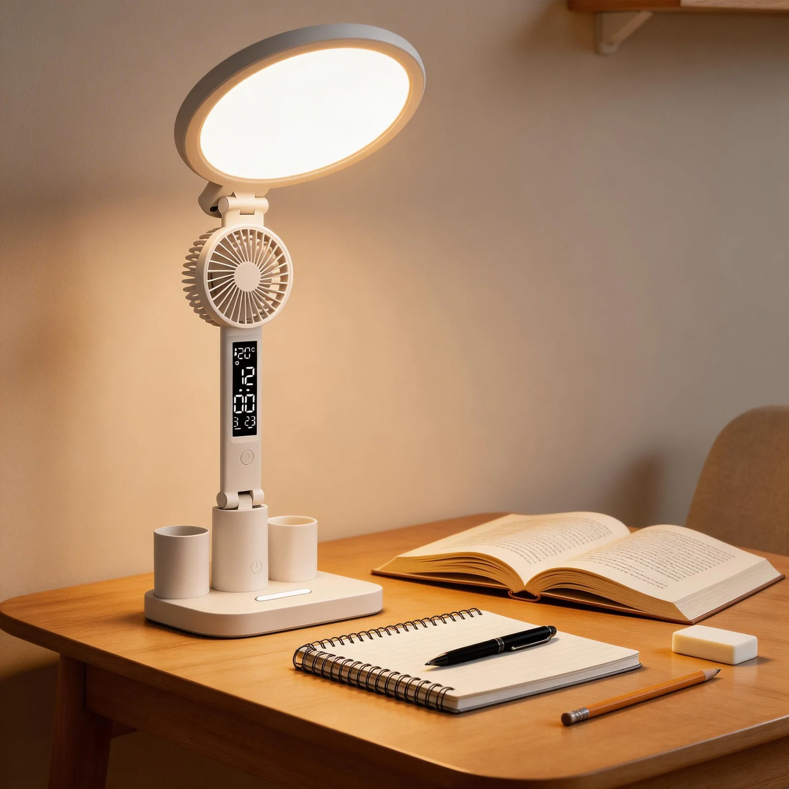 LED Desk Lamp with Fan | Adjustable Brightness & Color Temp | USB/Type-C Powered | Time & Temp Display | Reading & Study
