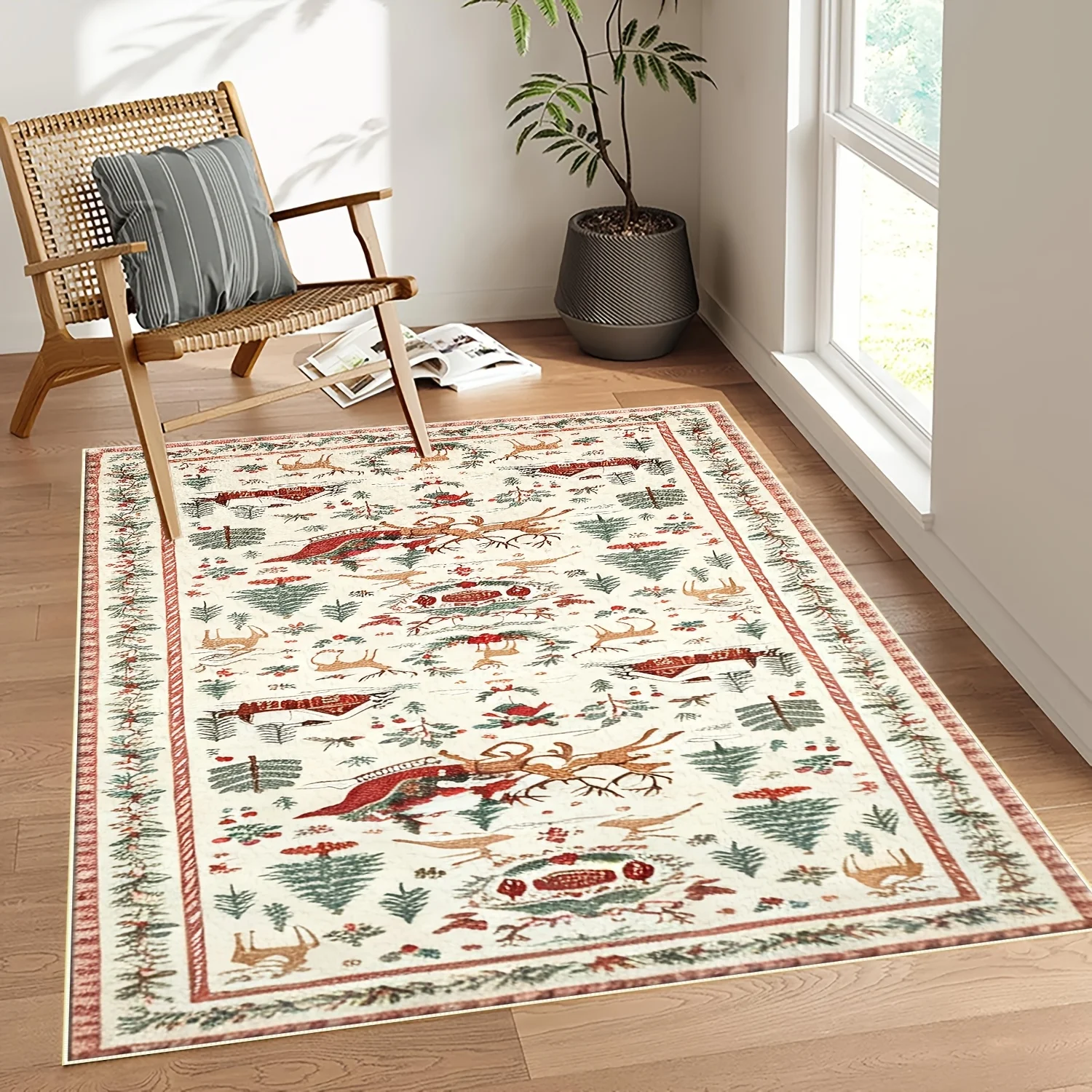 1pc Christmas Accent Area Rug, Red Holiday Rug with Transparent‑style Christmas Tree & Santa Claus Pattern