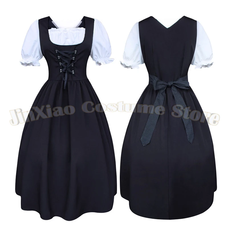 

Medieval Renaissance Maid Dress Black Dirndl Women Oktoberfest Festival Puff Sleeves Lace Up Bowknot Halloween Cosplay Costume