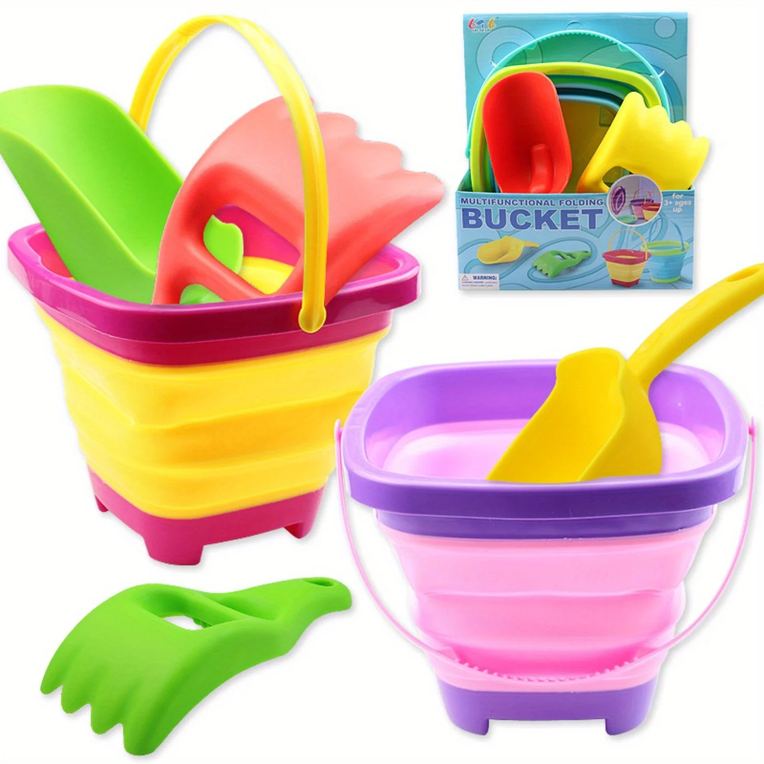 Summer Beach Play Toy Bucket Retractable Folding Bucket Multifunctional Outdoor Play Portable Square Bucket with Shovel