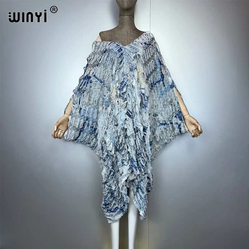 WINYI Original V Neck Print Denim Sexy Short Dress with Holes New Fashion Africa Womens Party Holiday Casual Maxi Beach Dress
