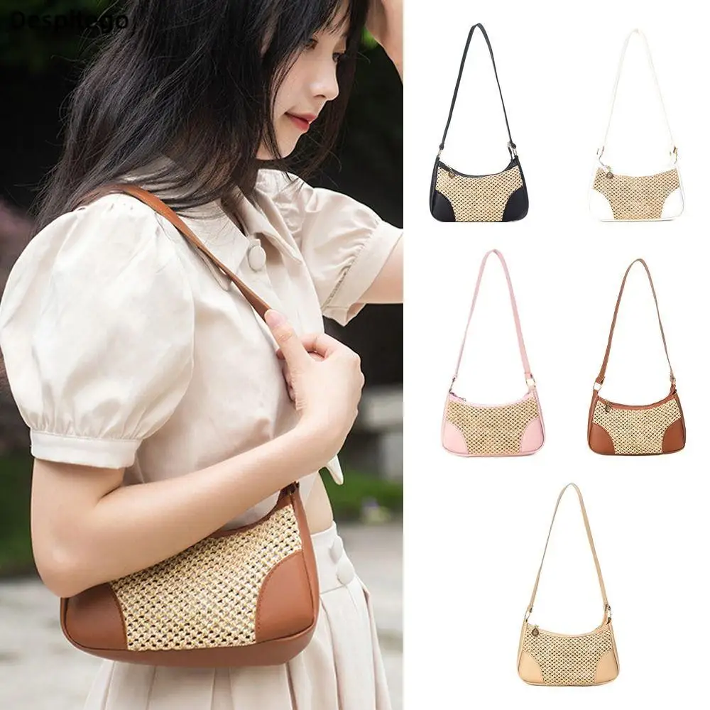 Koean Straw Woven Underarm Bag Hollow PU Leather Patchwork Shoulder Bag Travel Large Capacity Tote Handbags