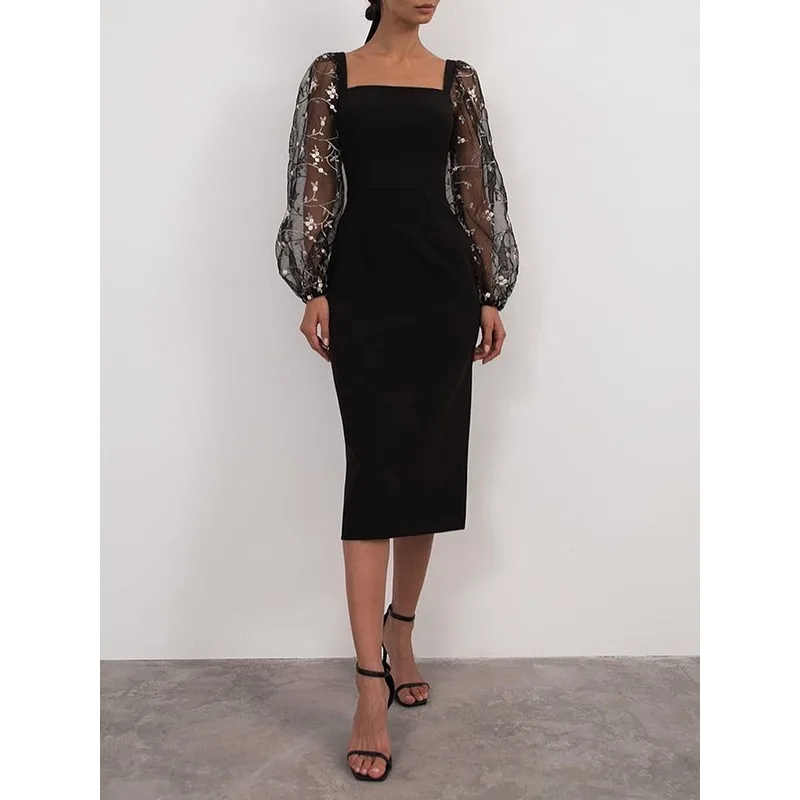 TΣ Vierkante Hals Kant Pure Mouwen Max Jurken Dames 2026 Stijlvolle Effen Elegante Geborduurde Bodycon Feestjurk 147538