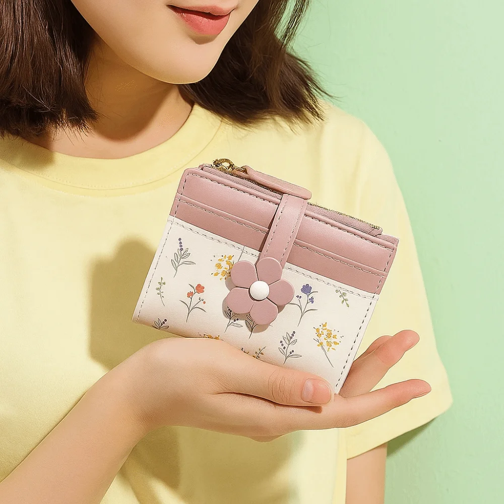 Mini portamonete stampato con fiori unici Portafoglio corto da donna con cerniera in pelle PU Pratico portamonete creativo unisex