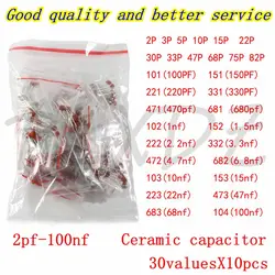 300pcs 30Values*10pcs 50V Ceramic Capacitor Kit 2PF-0.1UF 100nf 104 10pf 100pf 1nf 10nf Capacitance Assorted Set DIY Sample Pack