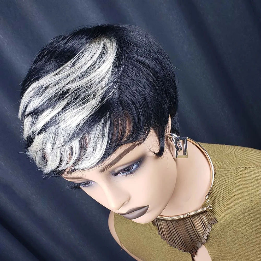 짧은 스트레이트 픽시컷 가발 블랙 그레이 밥 가발 앞머리 포함 기계 제작 브라질 레미 인모 가발 흑인 여성용