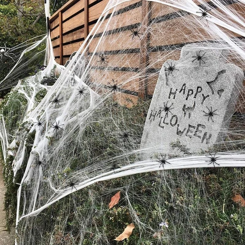 Halloween künstliches dehnbares Spinnennetz mit Spinnen Dekoration für Gothic Geisterhaus Party Horror gruselige Requisiten Accessoires realistisch langlebig perfekt für Innen Außen Halloween Partys und schaurige Dekor – Detail 14