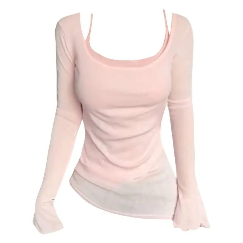 Women in Summer Slim and Slim Pure Two-Piece Base Shirt Hot Girl U-neck T-Sleeve T-Shirt Sunscreen Shirt