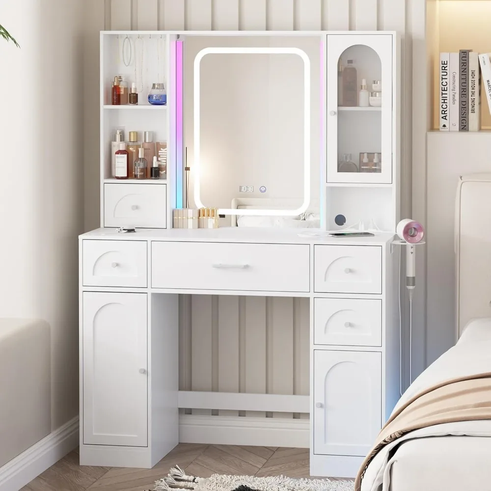 White Vanity Desk with Mirror,Makeup Vanity with RGB Lights & Power Strip,Makeup Desk Vanity Table with 5 Drawers Lots Storage
