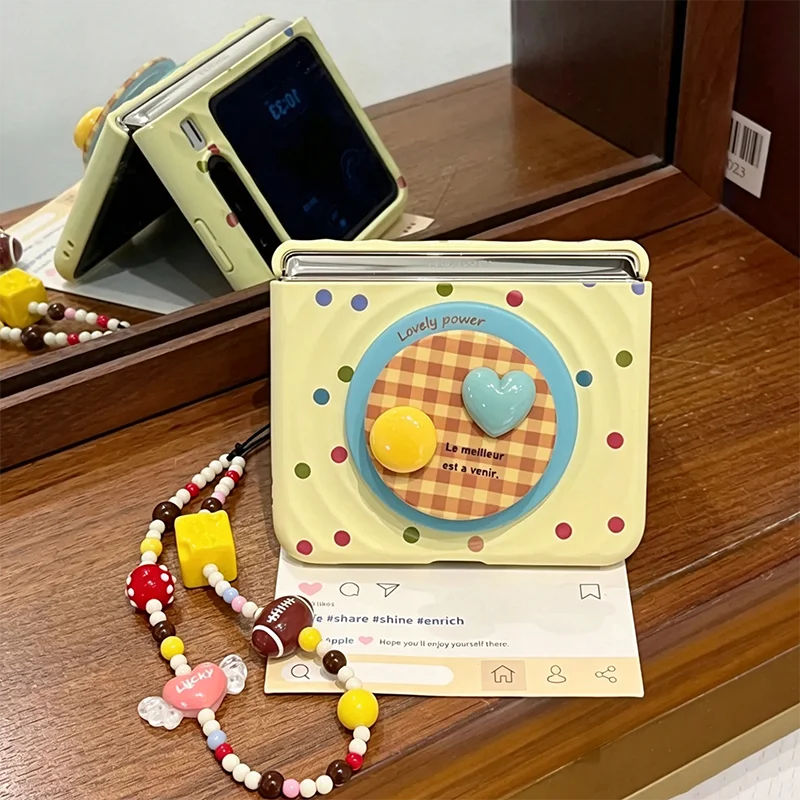 Colorful Polka Dot Magnetic Phone Case For Samsung Galaxy Z Flip7 Z Flip6 Z Flip5 Cute 3D Heart Stand Holder & Beaded Hand Strap