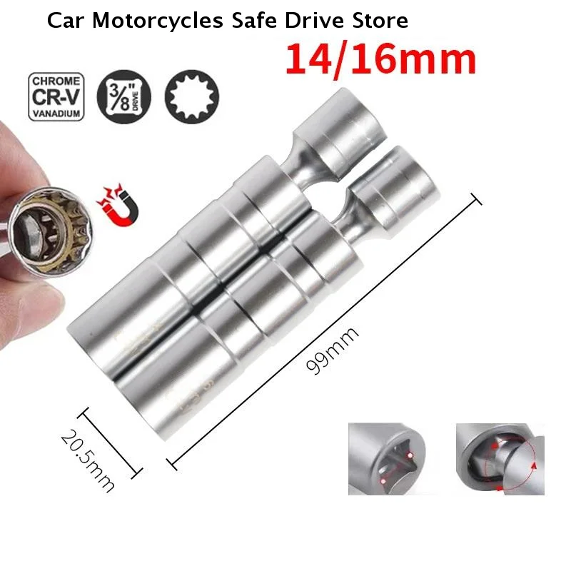 Spark Plug Socket Wrench Adapter 14mm16mm Set Universal Joint with Magnetic Flexible Socket Thin Wall 3/8