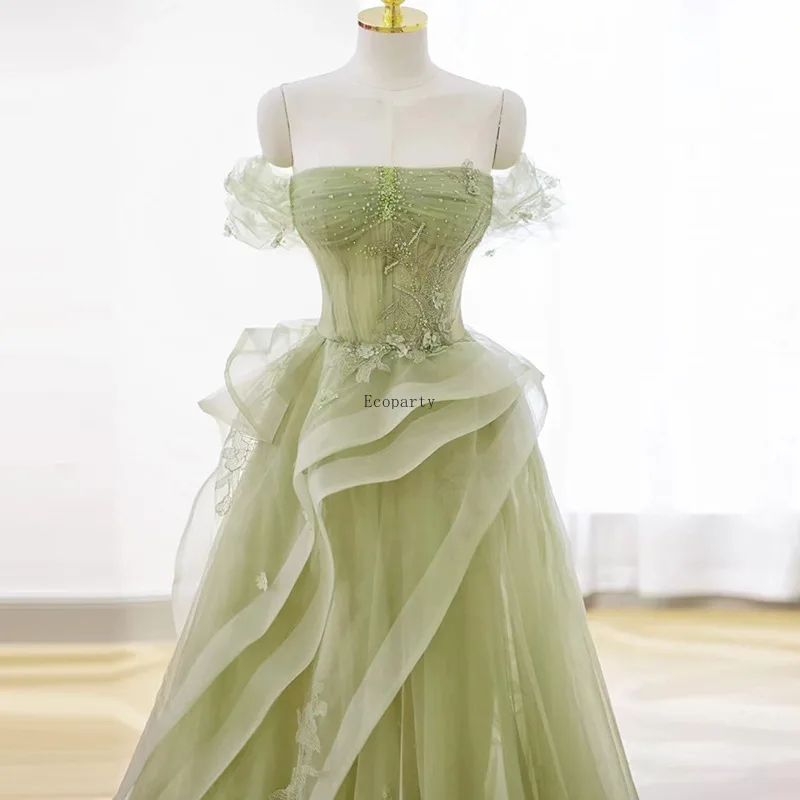 Green Prom Dress Appliques Tulle Celebrity Dresses Tiered Pleat Women's Evening Dress Sweetheart Formal Gown 프롬 드레스 Vestidos