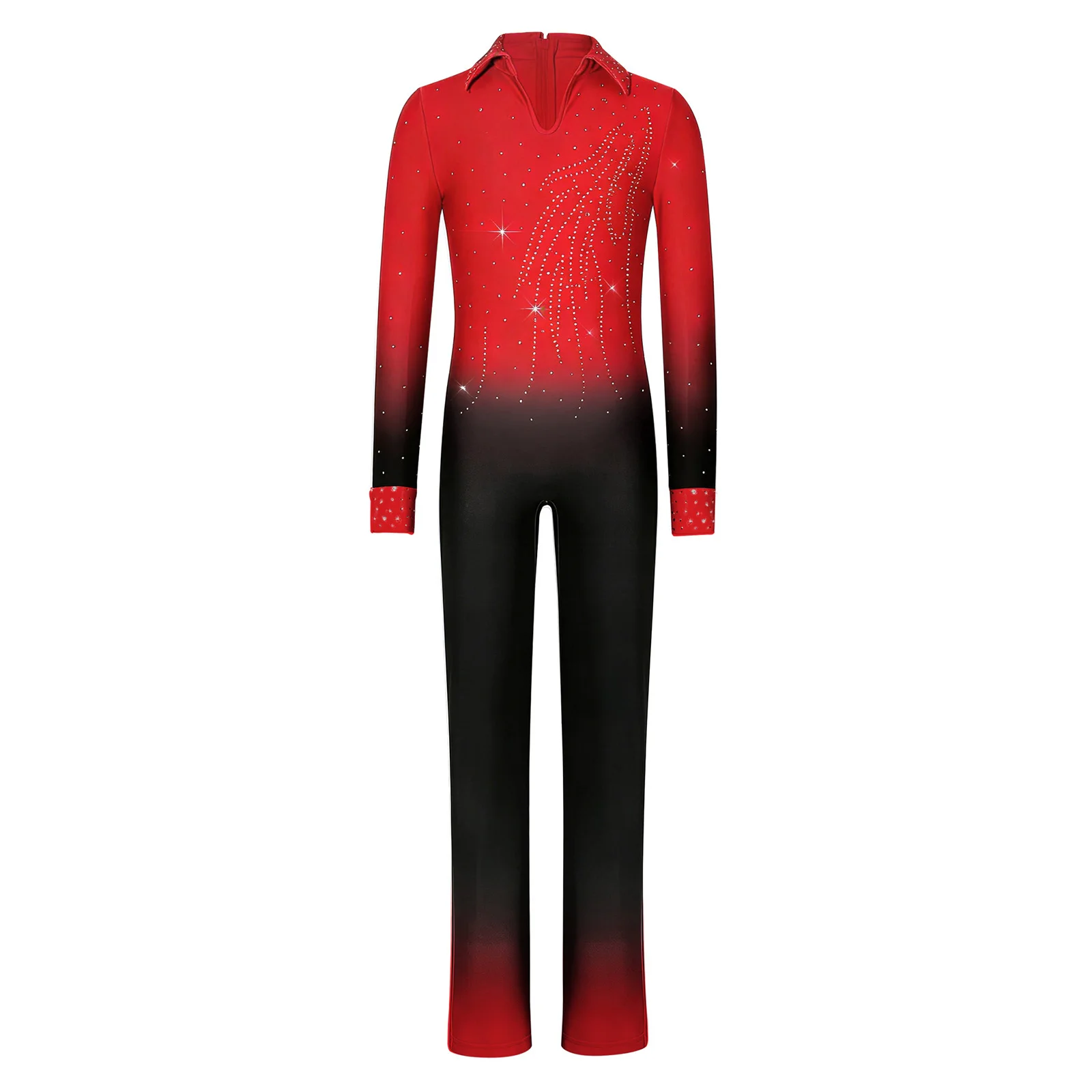 Kids Boys Girls Ice Skating Costume Rhinestone Sparkly Long Sleeve Long Pants Full Body Gradient Color Ballet Jumpsuit Bodysuit