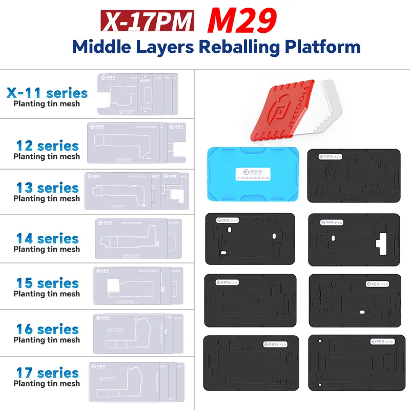 

Платформа для реболлинга JTX M29 для iPhone X до 17PM, магнитная адсорбция, высокоточная универсальная база, трафареты с квадратными отверстиями