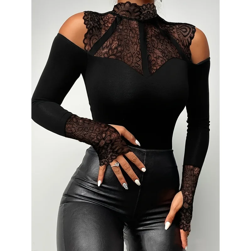 

European and American Fashion Casual Solid Color Lace Splicing Off-Shoulder Women's-Shirt