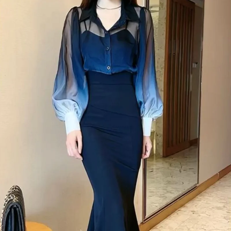 Maxi Suits Long Slim Fit Woman Outfit Sexy Skirt Sleeve 2 Pieces Sets for Women Commuting Y2k Clothes Formal Event Stylish Full