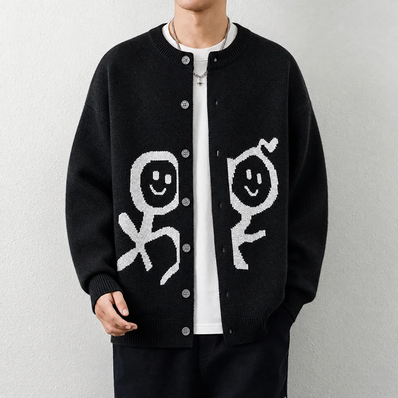 Men's Personalized Knit Cardigan Winter New Warm Round Neck Button Design High-End Korean Casual Cartoon Printed Sweater Jacket