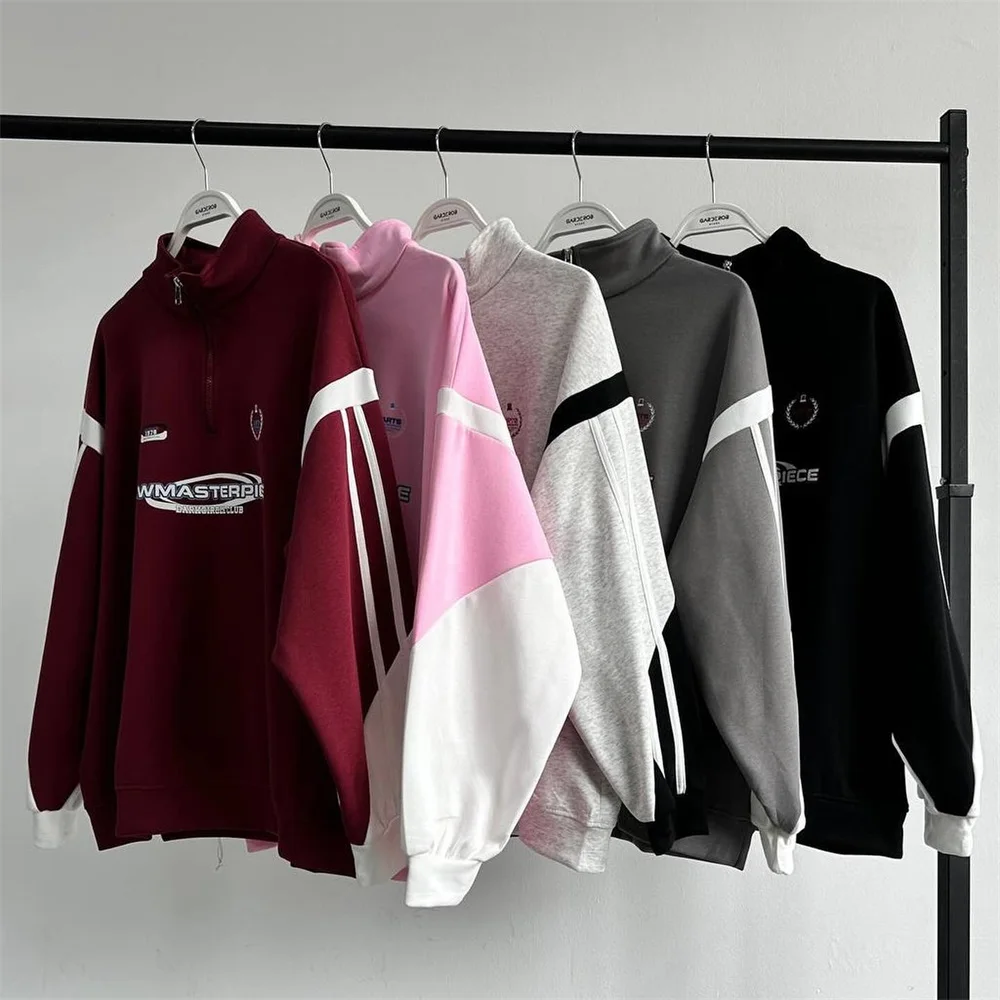 Bomber Jacket Vintage Harajuku Hoodies Wonem Long Sleeves Half Zipper Sweatshirt Trendy Brand Street Casual Loose Pullover
