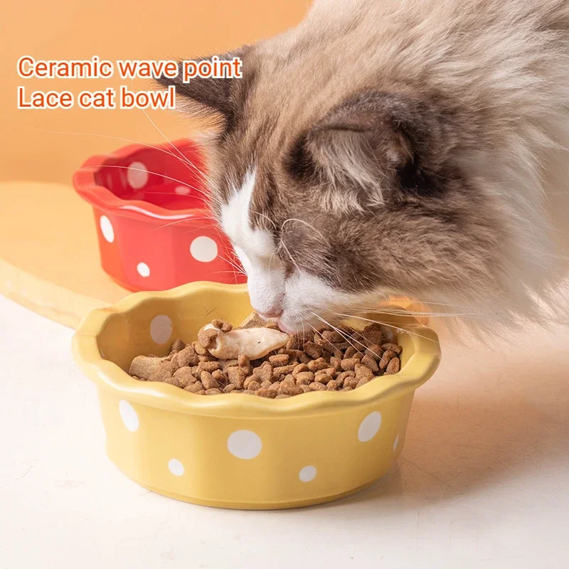 Cat Bowl Polka Dot Colourful Petal Lace Ceramic Cute Fashion Pet Dog Bowl  Pet Water Feeder  Puppy Accessories 350ml