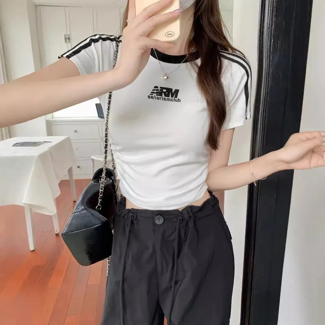 الأمريكية الرجعية المحملة القضبان لصق ort Sve تي شيرت المرأة الصيف الساخن فتاة الخصر النحيف مطوي ort الأعلى #3