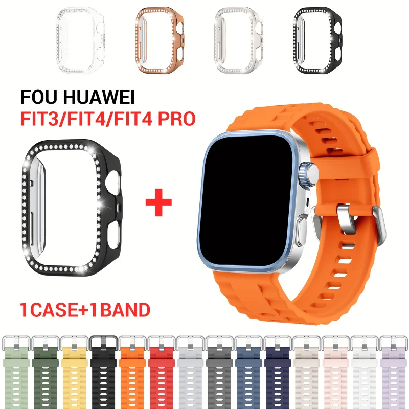 Silicone For Huawei Fit3/Fit4/Fit4 Pro Wave Solid Color Band Single Row Drill Protective Case Solid Color Sports Strap