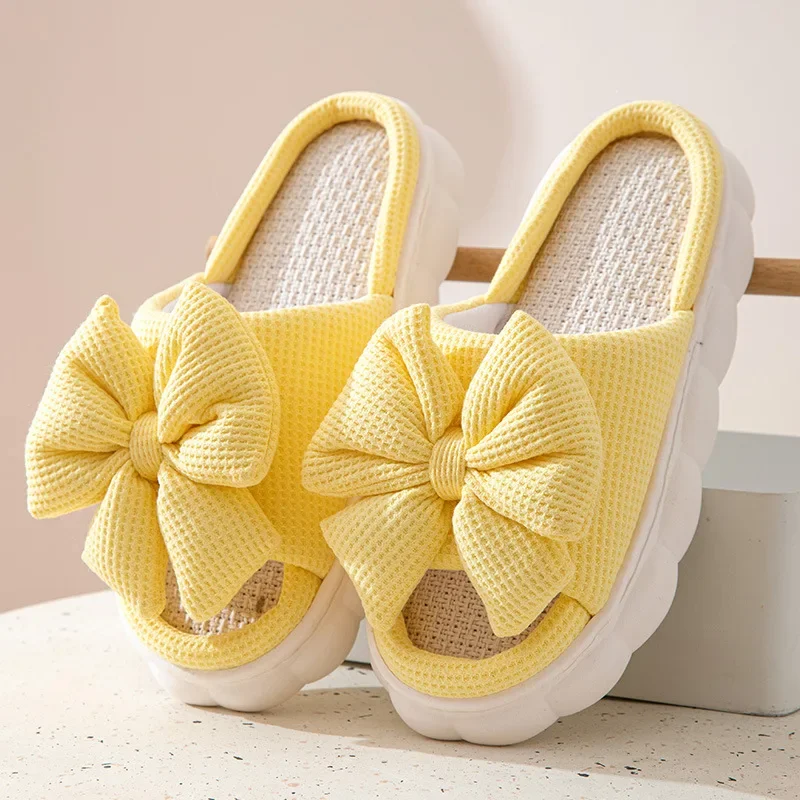 2024 New Solid Color Three-dimensional Bow Thick Soled Korean Style Sweet Four Season Home Wooden Floor Open Toe Slippers