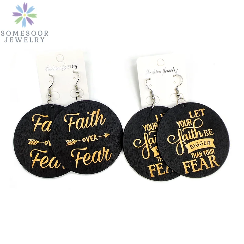 SOMESOOR Engraving Black African Wooden Drop Earrings Faith Over Fear Powerful Sayings Carved Wood Loops Jewelry For Women Gift