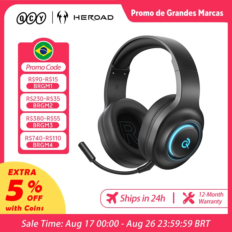 Headset QCY Gamer Heroad V200 com microfone, tri-modo, RGB, over-ear, som surround 7.1, drivers de 50mm para PC