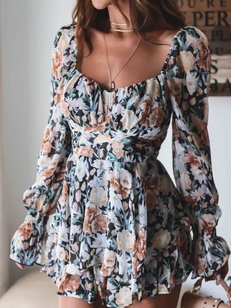 

Summer New Arrival Floral Print Women's Playsuit Fashion Square Collar Zipper Strap Long Sleeve Jumpsuit Fashion Shorts