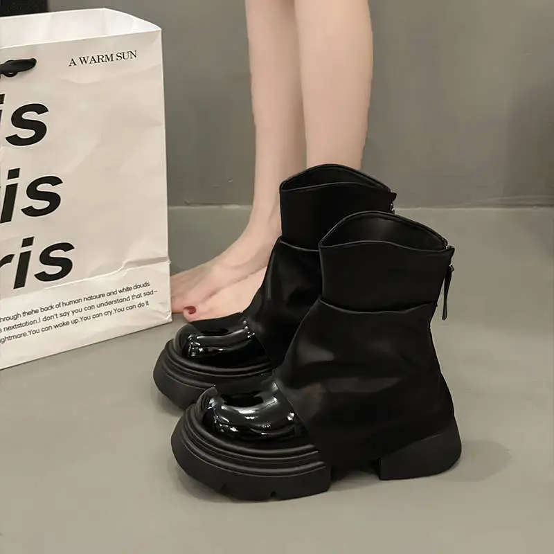 

White Short Boots Women's Thick Bottom Heightening Retro Tube Pants Boots British Style Autumn New Arrival