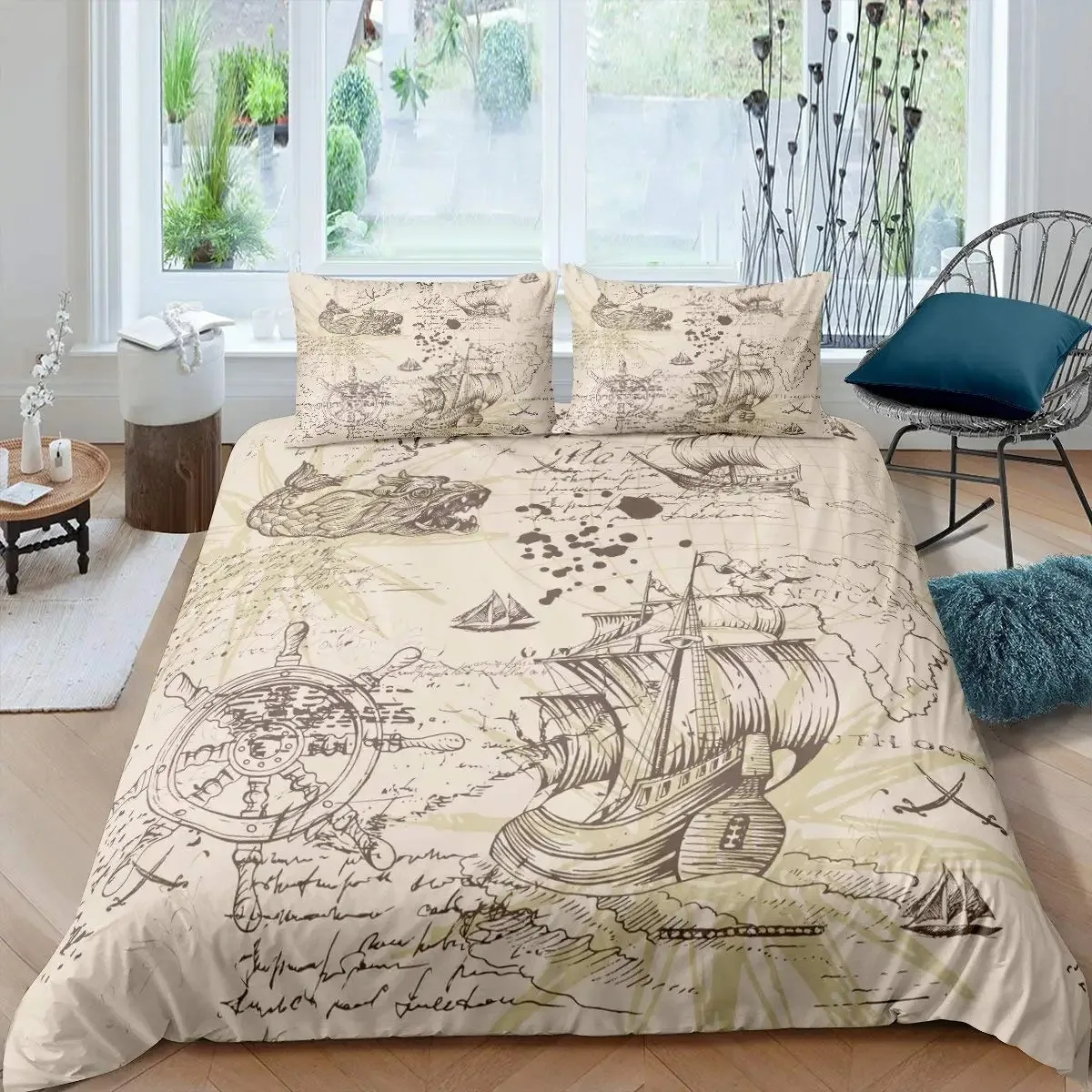 

Nautical Duvet Cover Set Boat Pirate Bedding Set King Size Retro Sailboat Brown Comforter Cover Anchor Compass Vintage Quilt Set