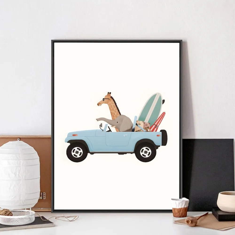 Giraffe Elephant Bear Animal Car Trave Posters Kraft Paper Vintage Poster Wall Art Painting Study Aesthetic Art Wall Stickers