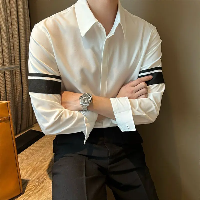 

Niche Design New Shirts for Men Loose Casual Korean Fashion Long Sleeve Spliced Sleeves Handsome Ice Silk Men's White Shirt