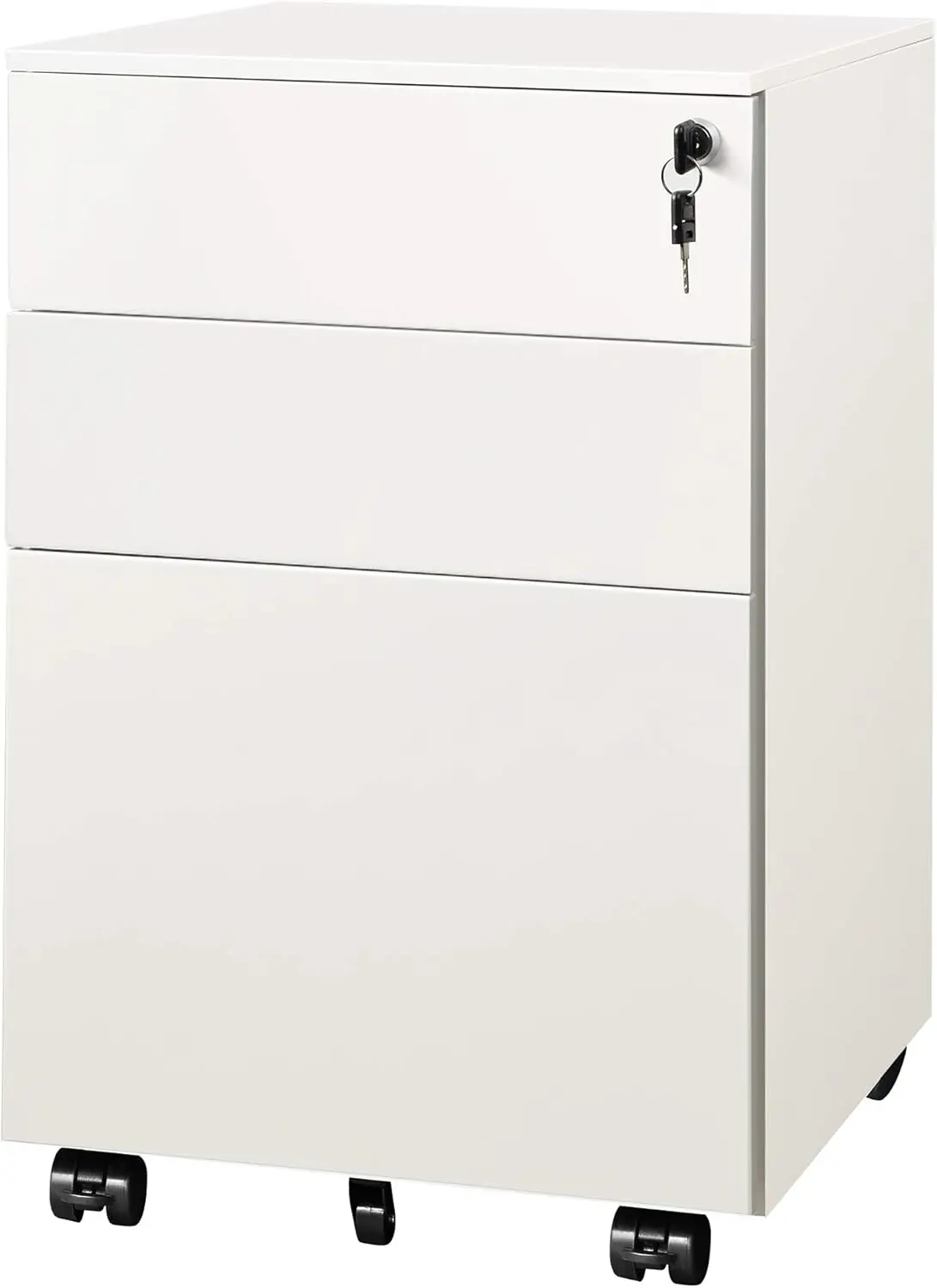 DEVAISE Locking File Cabinet, 3 Drawer Rolling Pedestal Under Desk Office, Fully Assembled Except Casters, White