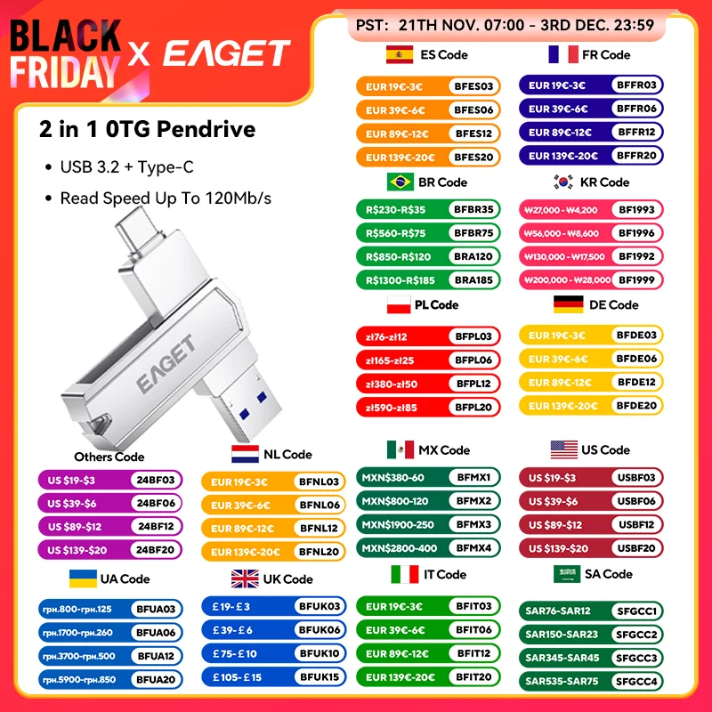 Eaget Type C Pen Drive USB 3.2 OTG 2 in 1 USB Flash Drive 32GB 64GB 128GB 256GB Customized Metal Memory Stick for Smartphone PC