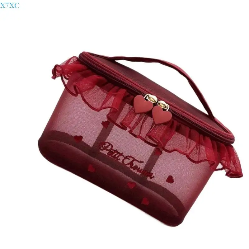 

X7XC Compact Mesh Makeup Wear Resistant Design And Fashionable Embroidery Detail Cosmetic Storage