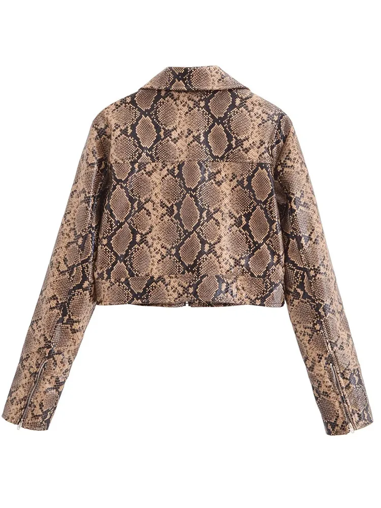 KAOPU ZA Women snake print faux leather jacket vintage long sleeve lapel collar zipper-up female outerwear chic tops