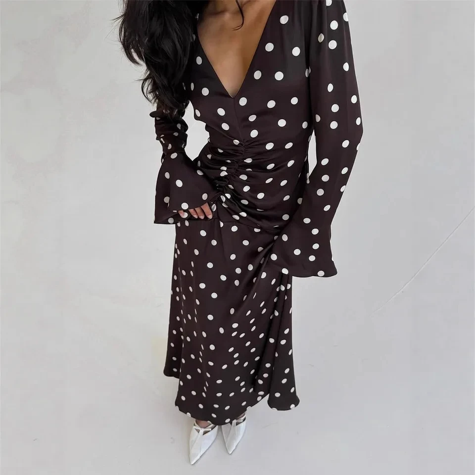 

2026 Spring Summer New Women Fashion Elegant Polka Dot Ruched V Neck Flare Sleeve Waist Cinching Dress