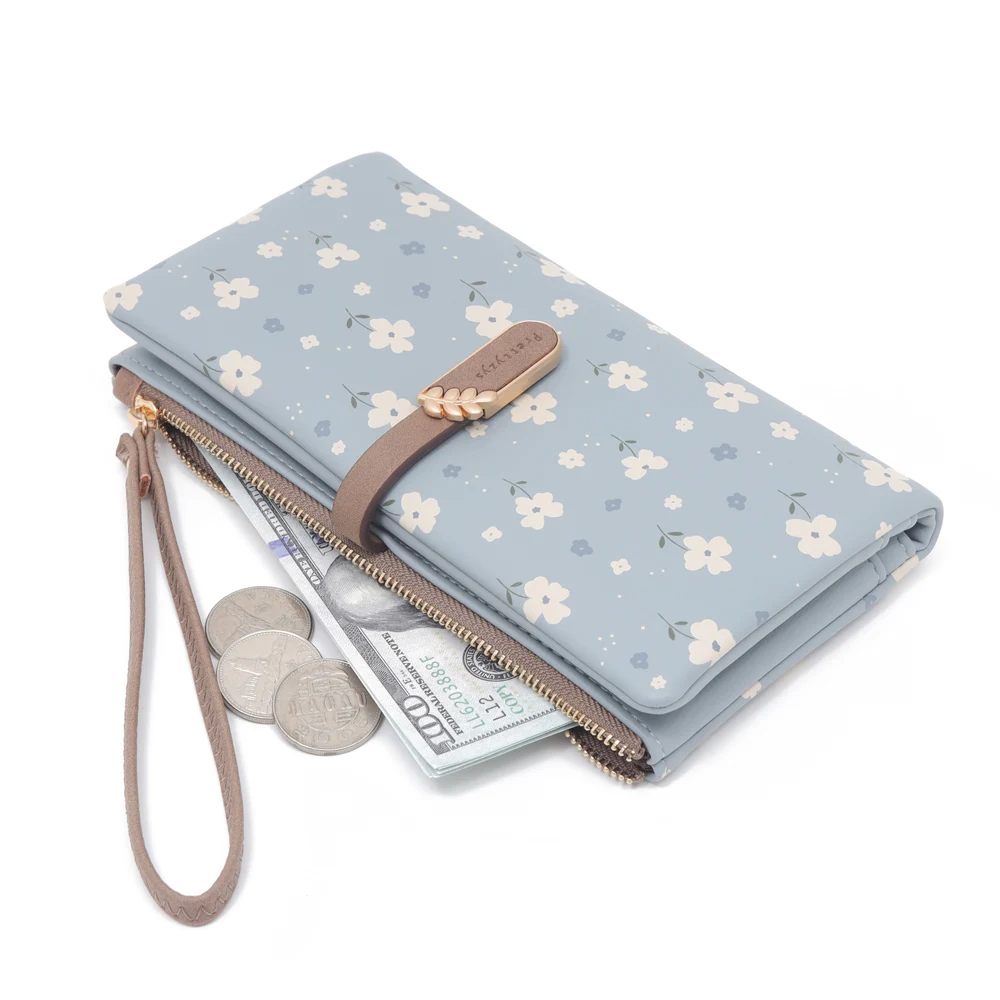 Women Long Wallet Cute Leaf Flower Pattern Design Girl Zipper Coin Purse Ladies ID Credit Card Holder PU Small Clutch Money Bag