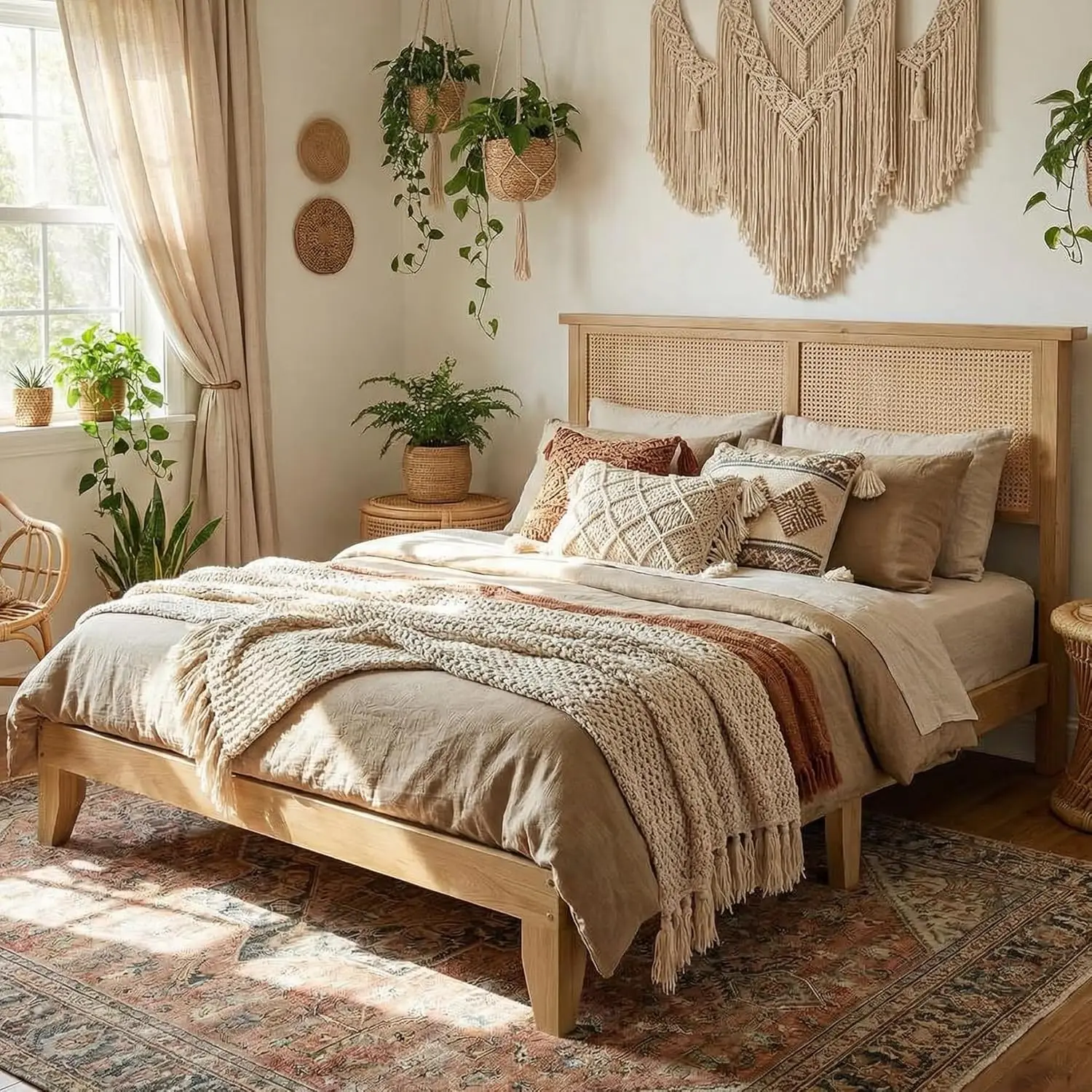 Queen Size Bed Frame, Rattan Bed With LED Light & Natural Headboard, Boho, Storage Space Underneth, Sturdy, Customized