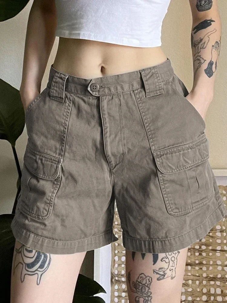 Streetwear Vintage Pocket Patchwork Cargo Denim Shorts Women Low Waist Y2k Harajuku Short Pants Solid Bodycon Shorts Femme