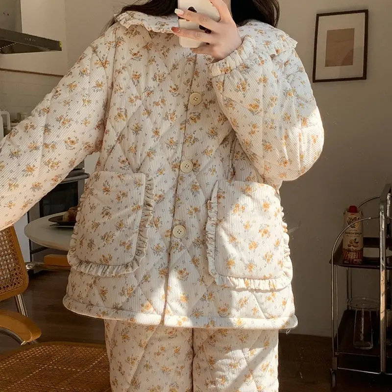 

Women's pajamas cotton coral fleece winter Sleepwear new model cute suit thicken Pajama Set keep warm girl homewear Solid Color