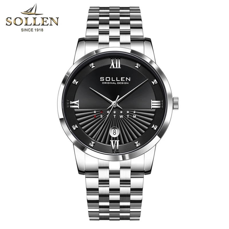 SOLLEN العلامة التجارية الفاخرة الرجال ساعة رياضية الذكور عادية كامل الصلب تاريخ الأسبوع ساعات المعصم الرجال ساعات كوارتز relogio masculino