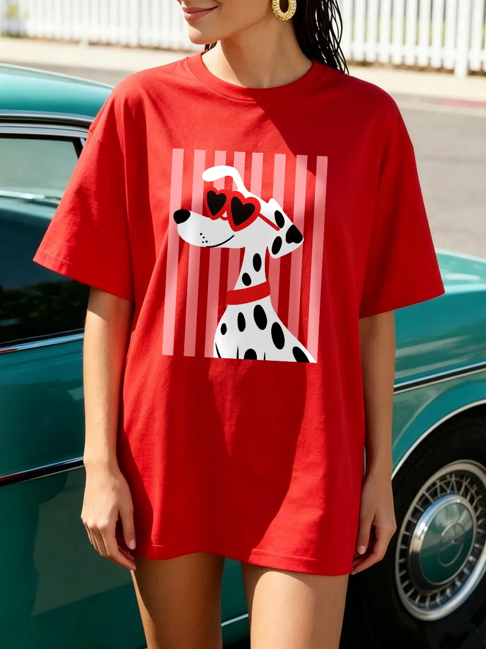 Herzförmige Sonnenbrillen Dalmatiner-Hundemotiv T-Shirts Damen Baumwolle Sommer Übergroße Oberteile O-Ausschnitt Kurzarm-T-Shirts Weiche Streetwear – Detail 23