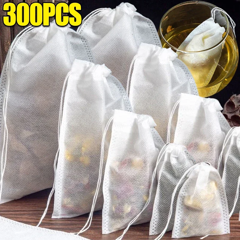 300/50PCS Seal Disposable Tea Bags Filter Paper Non-woven Teabags with Drawstring Kitchen Teaware Bag for Coffee Loose Tea Spice