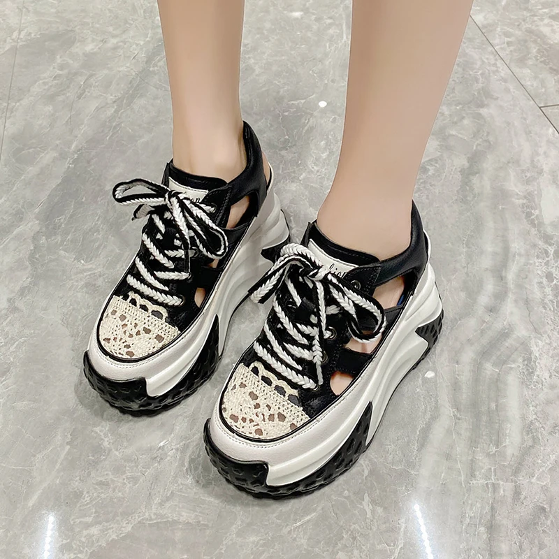 10CM Hollow Summer Sandals Wedge Heels Leather Sneakers Women High Platform Beach Gothic Punk Casual Breathable Walking Slippers