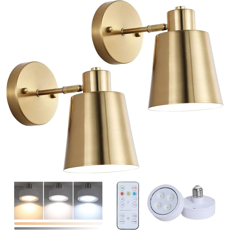 Battery Operated Wall Sconce Set of Two,Gold Modern with Remote Control Dimmable Wall Lighting Indoor, Not Hardwired Led