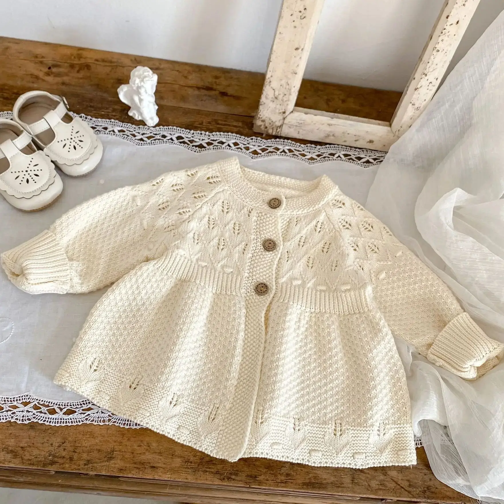 

Baby Girls Knitted Sweater Long Sleeve Round Neck Cardigan 2025 Spring Autumn Hollow Out Sweater Girls Clothes